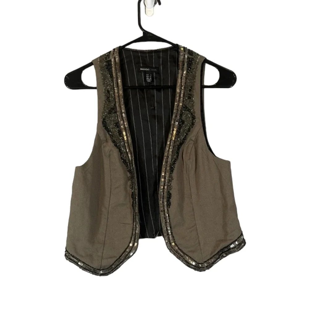 Mango Brown Beaded & Sequins Trim Lined Sleeveless Vest Women Sz XS